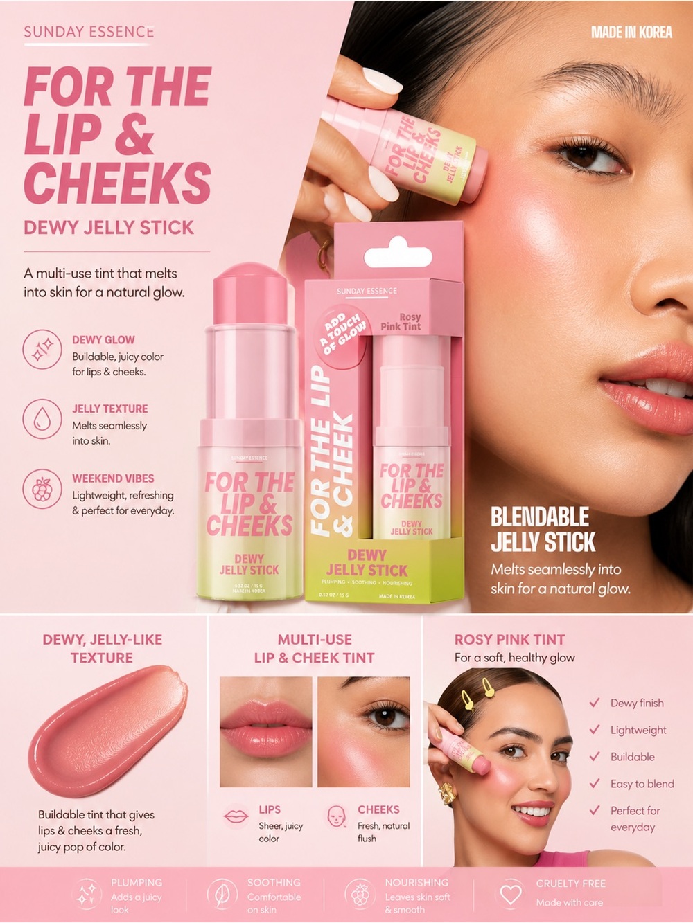 Sunday Essence For The Lip & Cheeks Dewy Jelly Stick — Rosy Pink Tint